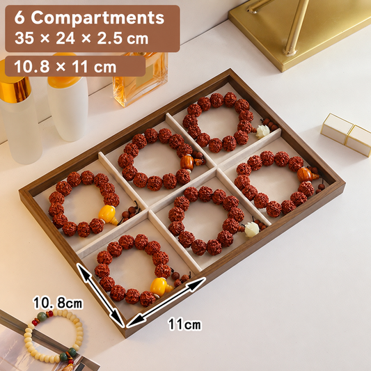 6 compartments — walnut-look display tray with beige lining